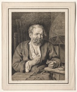 テーブルに座ってパイプを吸う農民 作： Johann Nepomuk Strixner
