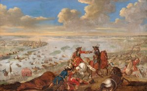 大北方戦争: ラトビアのダウガヴァの戦い (またはドゥナの戦い) で勝利した後、1701 年にダウガヴァ川を渡るスウェーデンのチャールズ (カール) 12 世 (1682-1718) - ヨハン フィリップ レムケ (1631-1711) による絵画、キャンバスに油彩 (72.5x114 cm) 作： Johann Philip Lemke