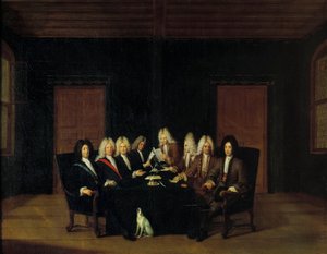 スペイン継承戦争。"1714年7月9日にボーデンで開催された平和会議で、ヴィラール侯爵とサヴォワ・カリニャン王子（Savoie Carignan, Count of Soissons (1663-1736)）の周りに集まった全権大使たち" 絵画：Johan Rudol氏