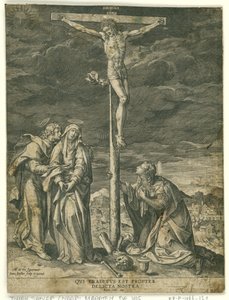 十字架上のキリスト、マリア、ヨハネ、マグダラのマリアとともに 作： Johann Sadeler (I)