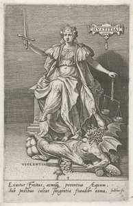 正義 (Justitia) は暴力 (Violentia) に打ち勝つ 正義 (オブジェクトのタイトル) 美徳は悪徳に打ち勝つ（シリーズタイトル） 作： Johann Sadeler (I)