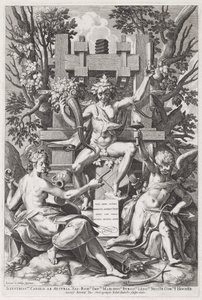 アモールと音楽の間で樽の上に座るバッカス 1590年頃 作： Johann Sadeler I