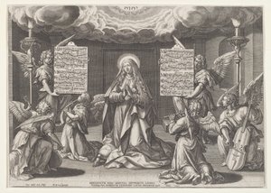 Magnificat：音楽を作る天使に囲まれた聖母、1585。 作： Johann Sadeler I