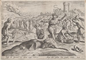 イスラエル人を打ち負かすファラオのタスクマスター、1585年頃。 作： Johann Sadeler I