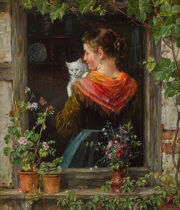 猫を持つ若い女 作： Johann Sperl