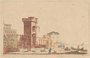 [の1つ] 城、廃墟、海景の6色の彫刻 作： Johann Teyler