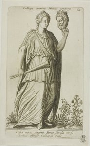 カリオペ、叙事詩のミューズ、パルナッソス上腕二頭筋のプレート 12 作： Johann Theodor de Bry