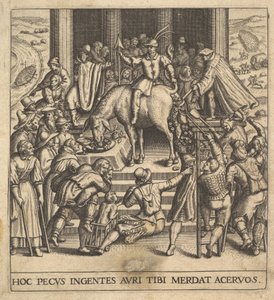 ラバの後部から落下する糞を収集する男性、ライダーが座る...、1592-1614。 作： Johann Theodor de Bry