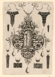 プレート 6、枢機卿の美徳を備えた 8 つのペンダント デザインのシリーズから 作： Johann Theodor de Bry