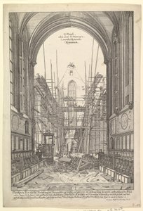 V....n.d.シリーズの「再建中のニュルンベルクのフランシスコ会教会」の眺め。 作： Johann Ulrich Kraus