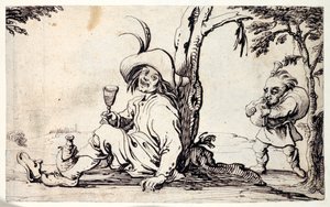 座ってリフレッシュしている田舎者とバグパイプを持った小人（紙にペン＆インク 作： Johann Wilhelm Baur