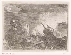 嵐の中、海上で 5 隻の帆船 嵐の船（シリーズタイトル） 作： Johann Wilhelm Baur
