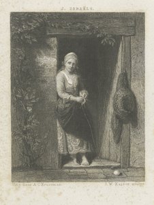 編み物を持つ若い女性 作： Johann Wilhelm Kaiser (I)