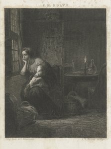 窓辺で子供を持つ女性 作： Johann Wilhelm Kaiser (I)