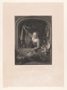 窓の近くで手に果物のバスケットを持つ女性 La ménagerè Hollandaise (オブジェクトのタイトル) 作： Johann Wilhelm Kaiser (I)