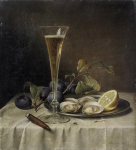 シャンパンとカキのある静物、1857年。 作： Johann Wilhelm Preyer