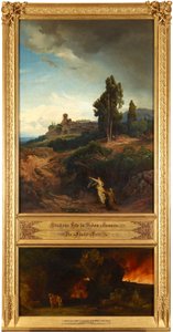 Abrahams Bitte für Sodom (oben). Die Flucht Lots (unten). Aus dem Zyklus "Zwölf biblische Landschaften mit der Geschichte Abrahams" 作： ヨハン・ヴィルヘルム・シルマー