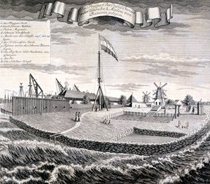 パブ、バタビアから 2 マイルの島にあるオランダ東インド会社の木材または製材所。 1744年。 作： Johann Wolfgang Heydt