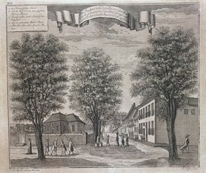 1744年にニュルンベルクで出版されたバタビアの「シャウプラッツフォンアフリカウントインディエン」の一連の眺めからの、バタビアのストリートにあるポルトガル教会と中国とヨーロッパの家 作： Johann Wolfgang Heydt