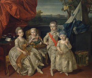 パルマのルートヴィヒ王子 (1773 年 - 1803 年) と 3 人の年長の兄弟であるカロリーネ (1770 年 - 1804 年)、マリー アントニエ (1774 年 - 1841 年)、シャーロット (1777 年 - 1813 年) 作： Johann Zoffany