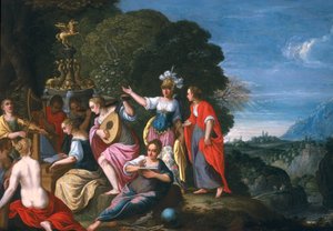 ヒポクレンの井戸でのアテネと9人のミューズ、1624年（銅に油彩） 作： Johann or Hans Konig