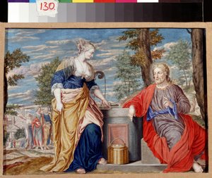 ヤコブの井戸のキリストとサマリヤの女. ヤコブの井戸のキリストとサマリヤの女性。 Johannes Koenig (1586-1632/1635) による絵画。 ドイツの芸術、バロック様式。 羊皮紙にガッシュ。 プーシキン美術館、モスクワ。