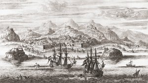 17 世紀のオマーン、マスカットの前のオランダ船 (版画) 作： Johannes (after) Kip