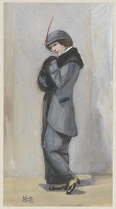 毛皮の長いマントで立っている女性