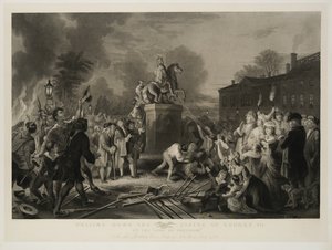 ジョンC.マクレーが1853年に彫刻した1770年7月、ニューヨーク市ボウリンググリーンの自由の息子たちによるジョージ3世の像の引き下げ 作： Johannes Adam Simon Oertel
