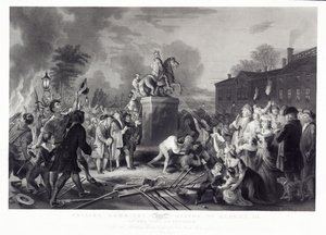 1776年7月、ニューヨーク市のボウリンググリーンにあるパブの息子の自由によるジョージ3世の像の引き下げ。 1875 作： Johannes Adam Simon after Oertel