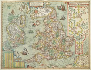 1606 年に描かれたイングランドとアイルランドの地図 (カラー彫刻) 作： Johannes Baptista Vrints