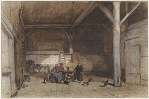 テーブルに 2 人の男性と 1 人の女性がいる農家のインテリア、ニワトリとネコ 作： Johannes Bosboom