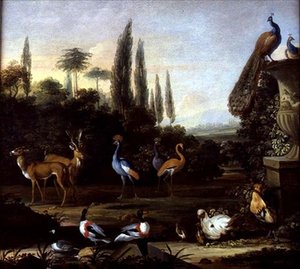 鹿と異国の鳥のいる公園の風景」1710年頃（油彩・キャンバス） 作： Johannes Bronckhorst