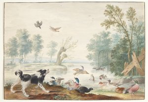 湖畔の犬とアヒル 作： Johannes Bronckhorst