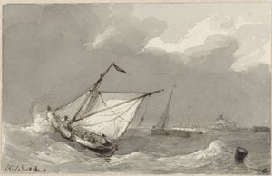 荒れ狂う海の漁船、遠くに村 作： Johannes Christiaan Schotel