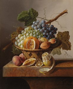 ブドウ、オレンジとクルミ、籐のバスケットにレモンとプラムを大理石の棚に 作： Johannes Cornelis Bruyn