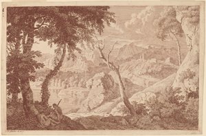休んでいる 2 人の男性と山の風景 作： Johannes Glauber