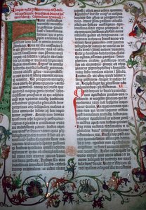 グーテンベルク聖書のページ、15 世紀 作： Johannes Gutenberg
