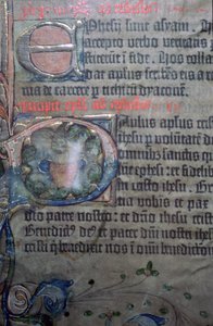 エペソ人への手紙の始まりに関する 15 世紀のグーテンベルク聖書の詳細 作： Johannes Gutenburg