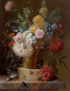 猫と高台の花の静物 作： Johannes Hendrick Fredriks