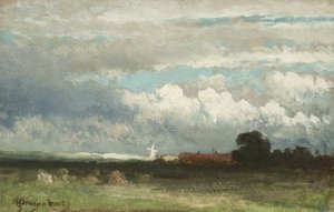 ハーグ近くの砂丘にある太陽に照らされた風車 作： Johannes Hendrik Weissenbruch