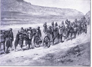 イチョンに向かう途中の野砲の砲台、挿絵、カッセル、日露戦争の歴史Vol 1、c.1900 作： Johannes Hermann Barend Koekkoek