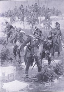 馬術の偉業。川を渡るロシアの騎兵、カッセルの日露戦争の歴史第1巻、1900年頃のイラスト 作： Johannes Hermann Barend Koekkoek