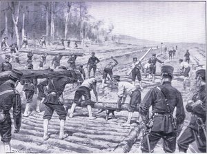 兵士のための材木道を建設する日本人エンジニア、キャッセルズ日露戦争の歴史第1巻、1900年からのイラスト 作： Johannes Hermann Barend Koekkoek