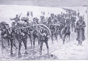 行進中の日本人。パックポニーの代わりの男性、カッセルの日露戦争の歴史Vol 1、c.1900からのイラスト 作： Johannes Hermann Barend Koekkoek