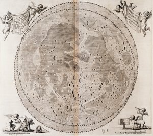 1647年にヨハン・ヘベリウスが描いた最初の月の詳細な地図（ヨハン・ヘベリウス（1611-1687）の天体アトラス『Selenographia sive Lunae descriptio』からのプリント 作： Johannes Hevelius