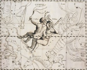 ふたご座（Johann Hevelius（1611-1687）著『Firmamentum Sobiescianum sive Uranographia』の図版、Gdansk 1690年 作： Johannes Hevelius