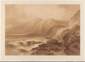 山の頂上の 1 つに要塞がある高い岩の多い海岸の眺め 作： Johannes Hilverdink