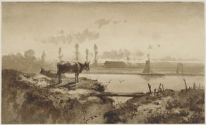 牛と川の風景 作： Johannes Hubertus Leonardus de Haas
