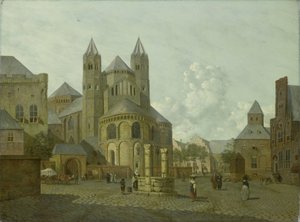ロマネスク様式の教会のある架空の街並み 作： Johannes Huibert Prins
